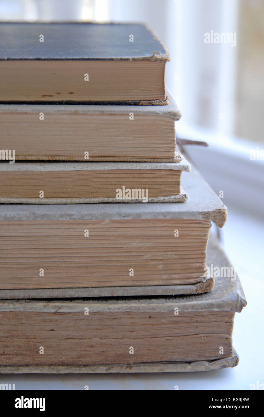 Ein Haufen von natürlichen farbigen Schuss Vintage Bücher bei Tageslicht Stockfoto