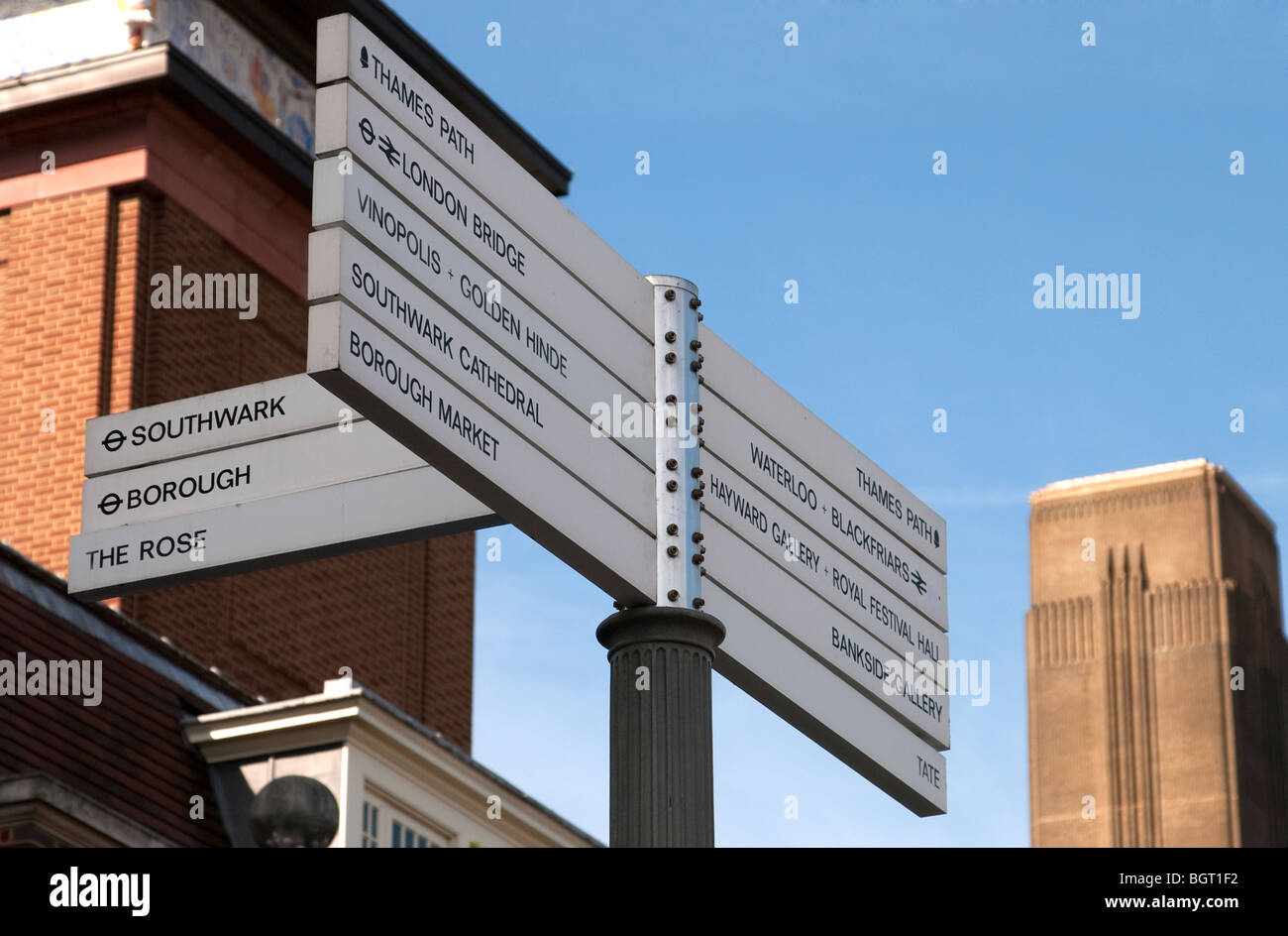 Schild an der Southbank zeigt Sehenswürdigkeiten in der Nähe von der Tate Modern, London Stockfoto