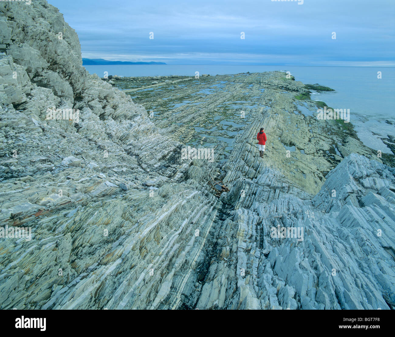 Wanderer am Green Point auf Sedimentgesteine in Gros Morne National Park, Neufundland, Kanada Stockfoto