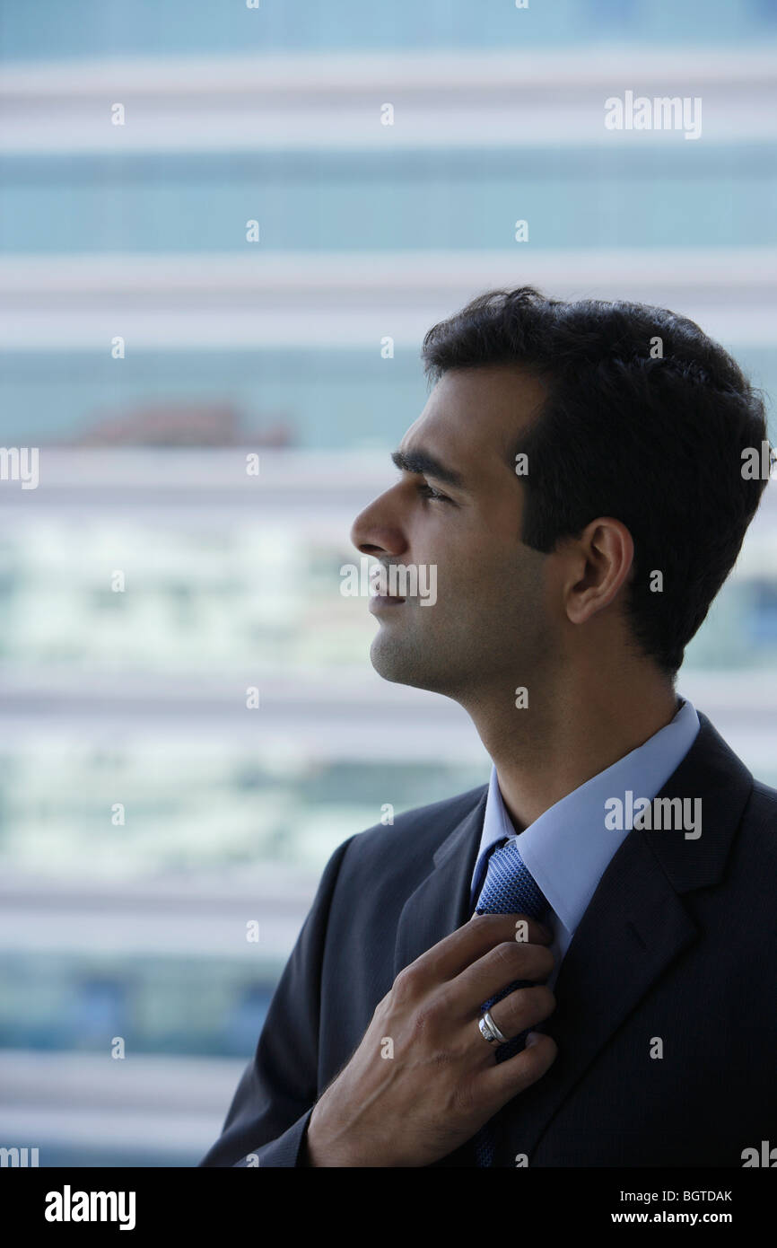 Profil von indischer Geschäftsmann Krawatte halten. Stockfoto
