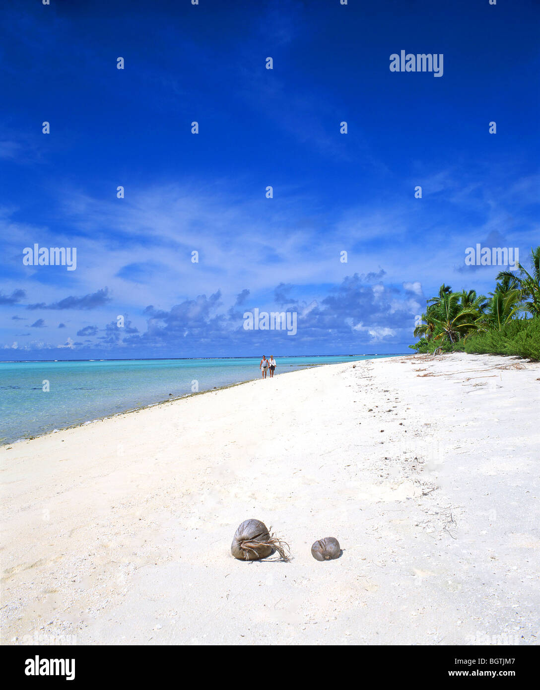 Tropischer Strand, Aitutaki Atoll, Cook-Inseln, Süd-Pazifik Stockfoto
