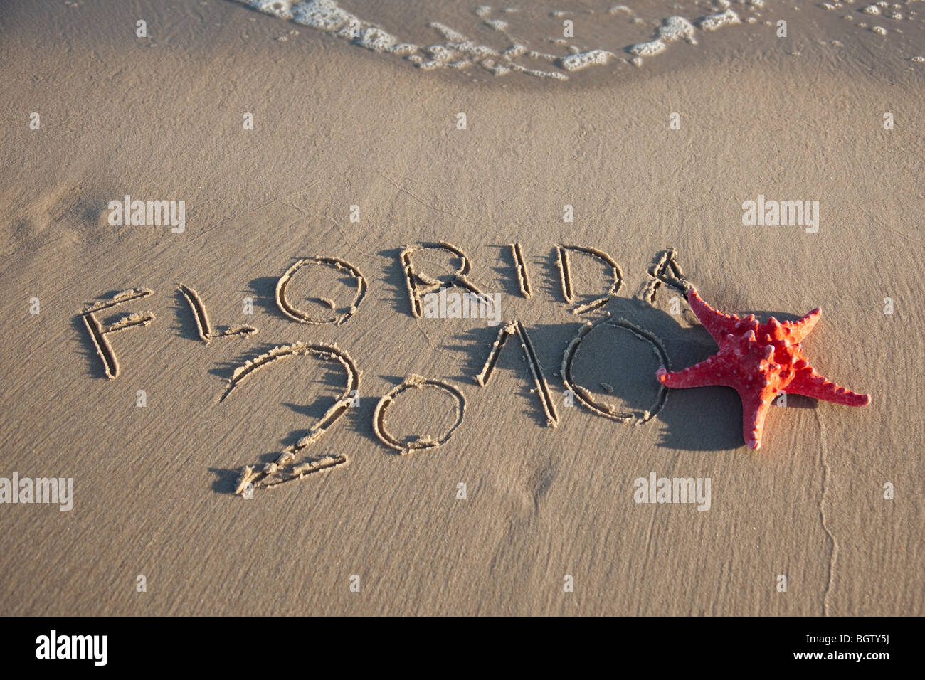Roter Seestern und Kurztext auf nassen sand Stockfoto