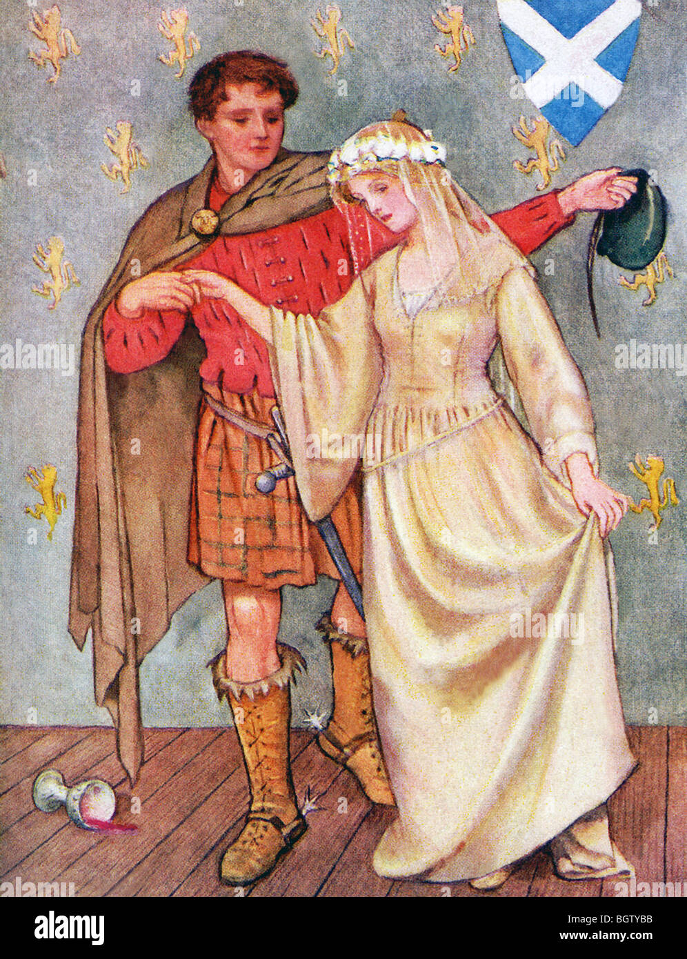 Lochinvar, der Held einer Ballade in dem Gedicht Marmion, reitet mit Ellen, wie sie mit einem anderen verheiratet sein soll. Stockfoto