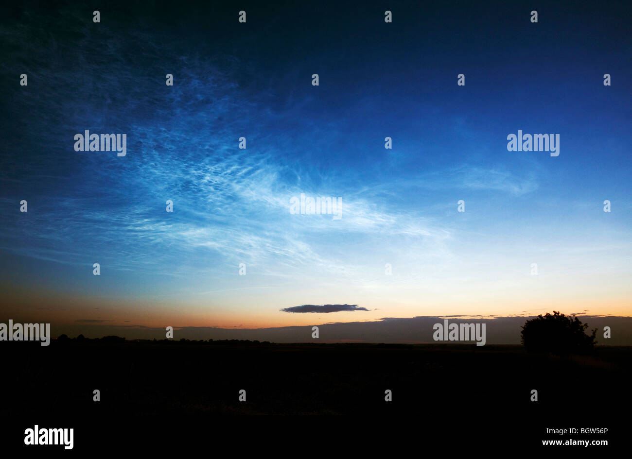Nachtwolken, die in der Regel 50 Meilen hoch in die Mesosphäre und nur in der Dämmerung zu sehen sind Stockfoto