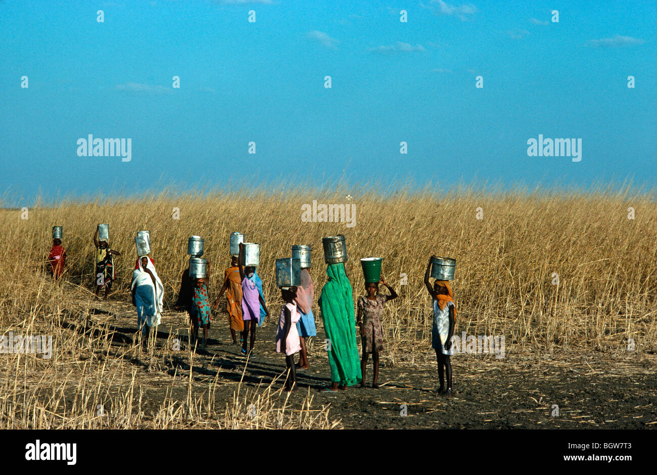 Sudanesischen Frauen Wasserholen am Rahad Bewässerungsprojekt. Stockfoto
