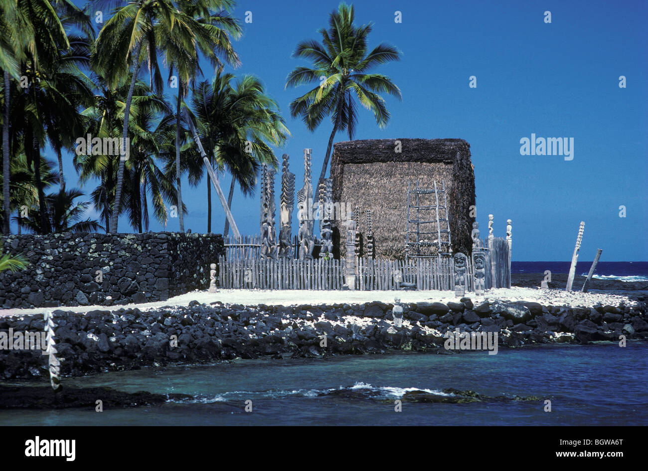 Hale O Keawe Heiau Pu'uhonua O Honaunau National Historical Park, South Kona, Insel von Hawaii. Stockfoto