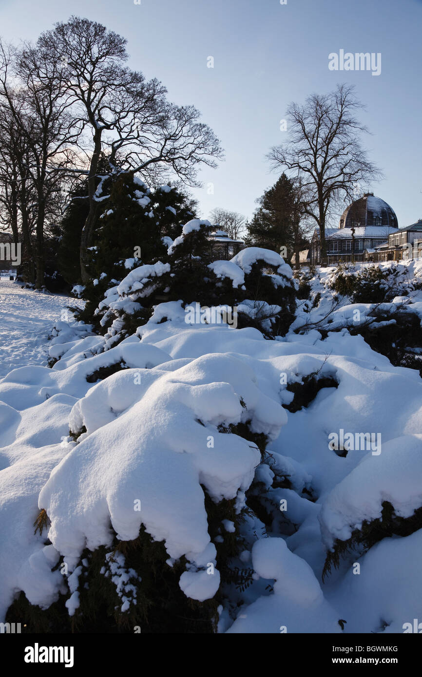 Buxton Pavilion Gardens im Schnee, Derbyshire Stockfoto
