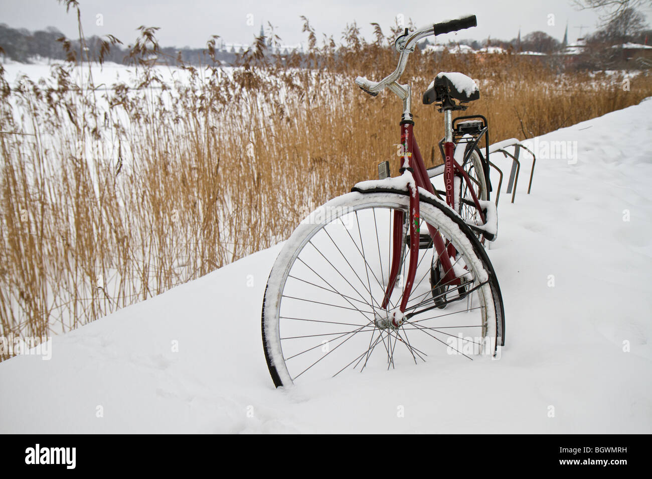 Fahrräder Kreuzungen im Schnee mitten im nirgendwo Stockfoto