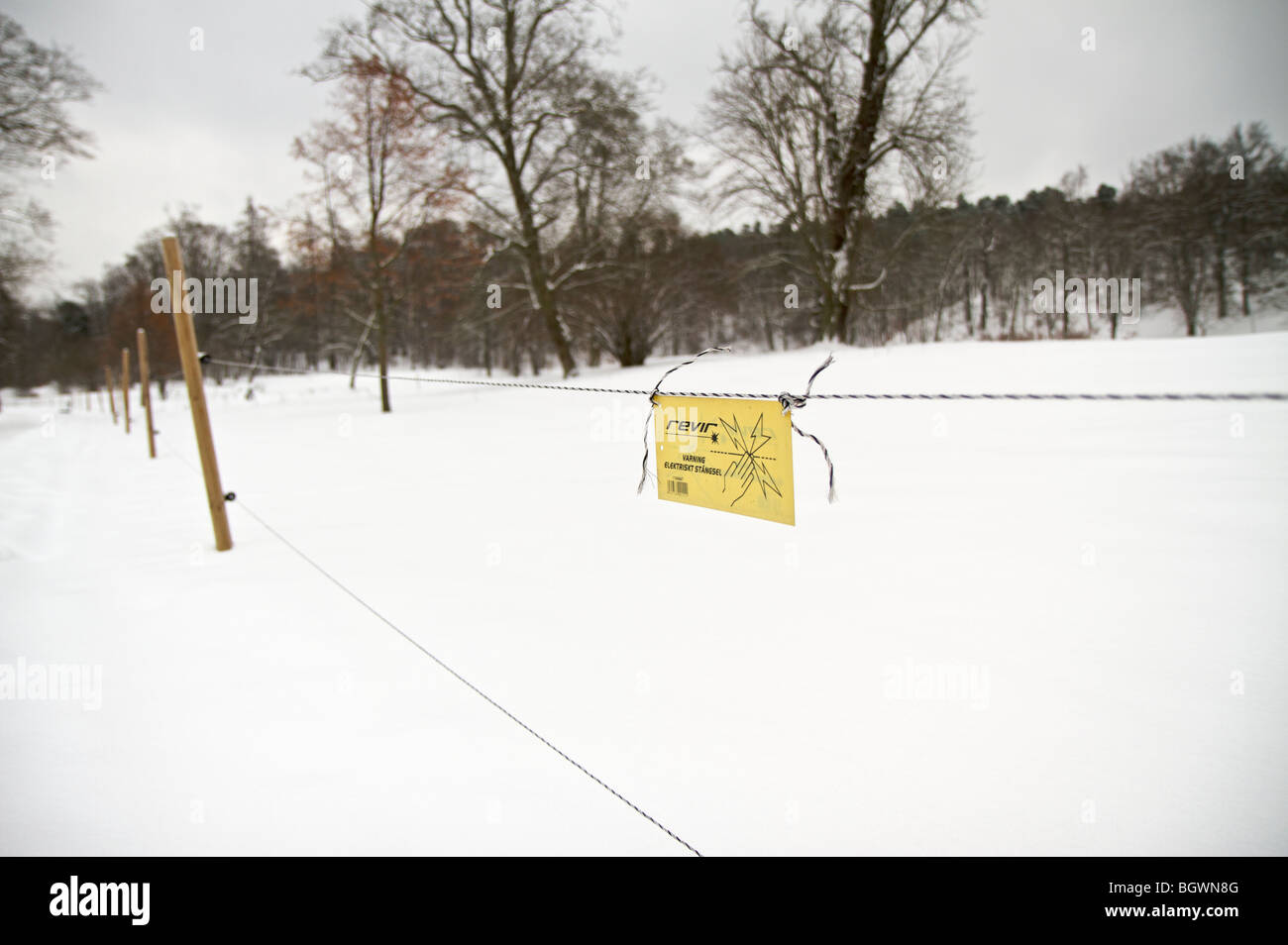 Elektrozaun mit Warnschild im winter Stockfoto