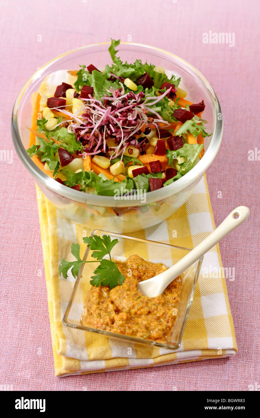 Salat mit Romesco-Sauce. Rezept zur Verfügung. Stockfoto