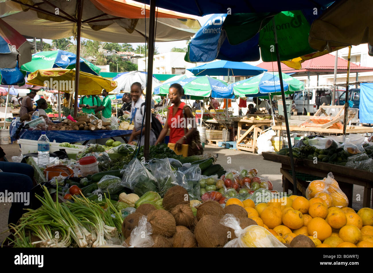 Früchte für den Verkauf auf dem Markt in Castries, St. Lucia, die Karibik Inseln, Karibik Stockfoto