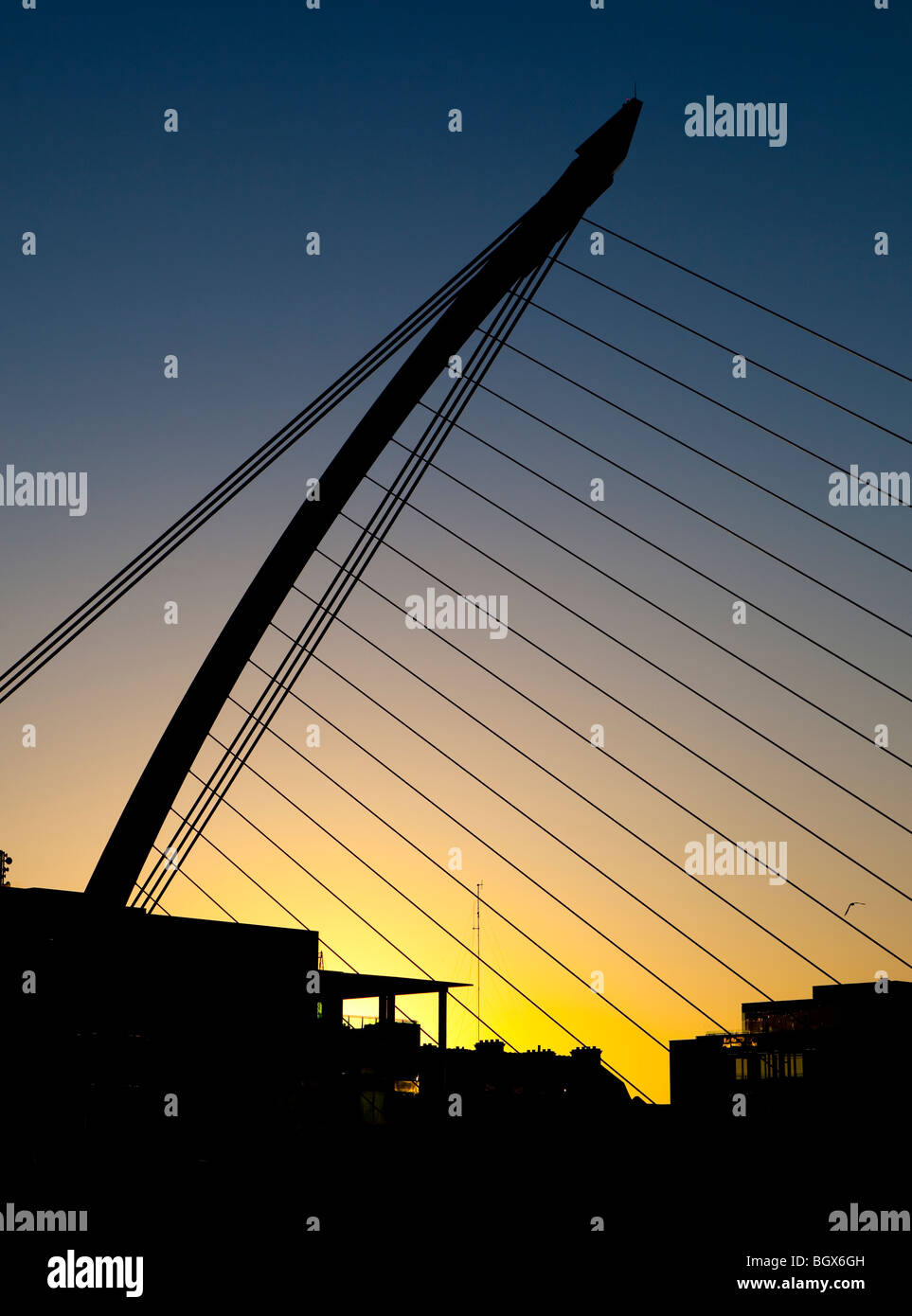 Samuel Beckett Bridge über den Liffey-Fluss in Dublin, Irland, Silhouette in der Abenddämmerung. Stockfoto