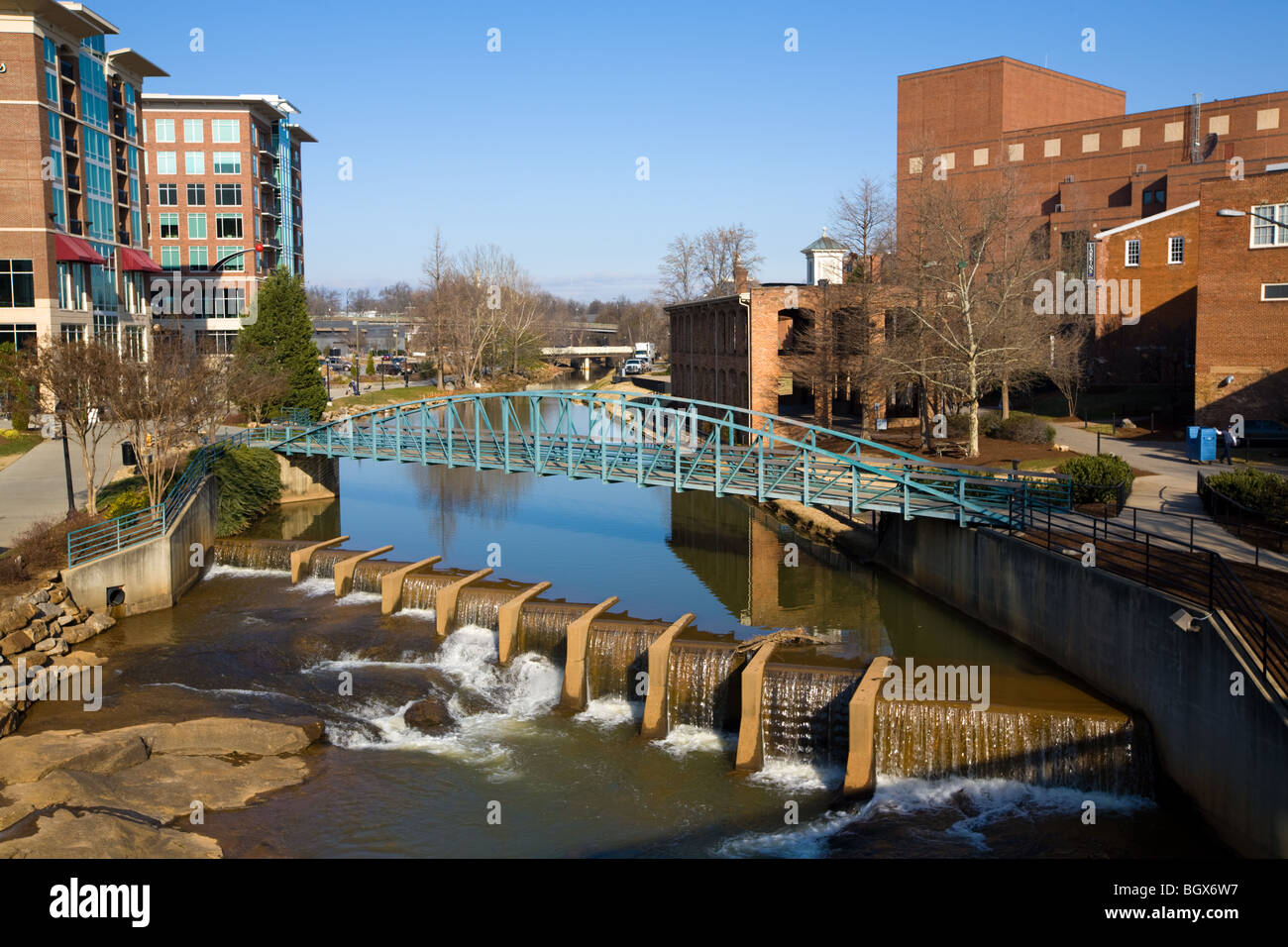Falls Park am Fluss Reedy, Innenstadt von Greenville, South Carolina Stockfoto