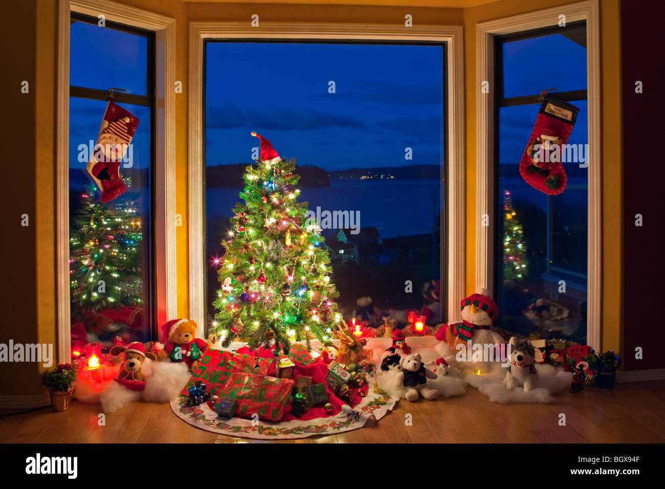 Weihnachtsbaum mit Lichtern und Dekorationen in einem Fenster in der Abenddämmerung, The Artists Point, Hyde Creek, Port McNeill, nördliche Vancouver Stockfoto