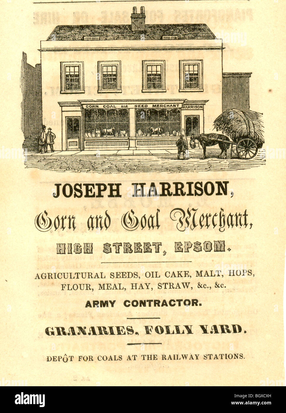 Holzschnitt-Werbung für Joseph Harrison, Mais und Kohle Kaufmann, Epsom Surrey Stockfoto