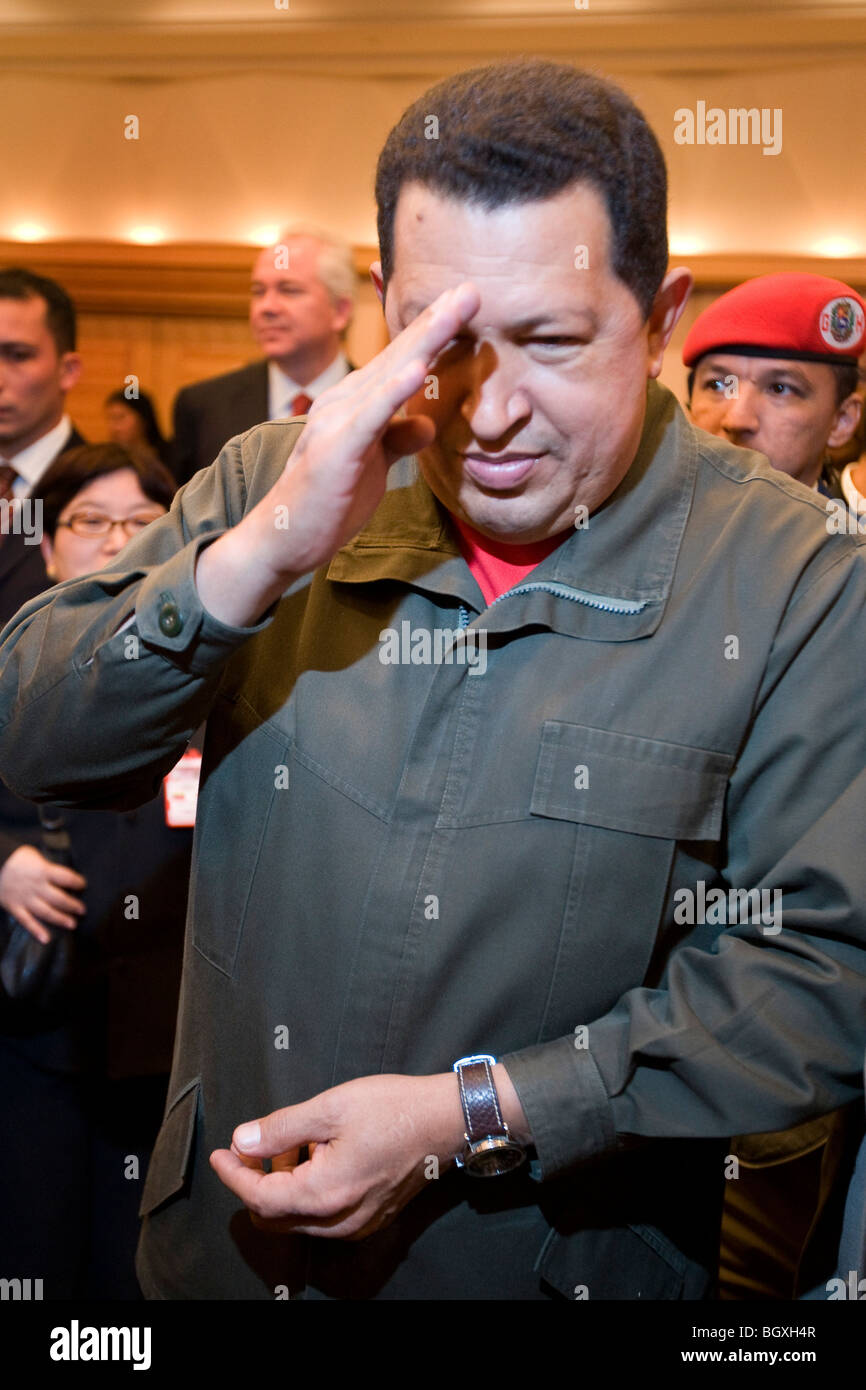 Präsident von Venezuela Hugo Rafael Chávez Frias, anlässlich einer Pressekonferenz während der Besuch in Japan, 2009 Stockfoto