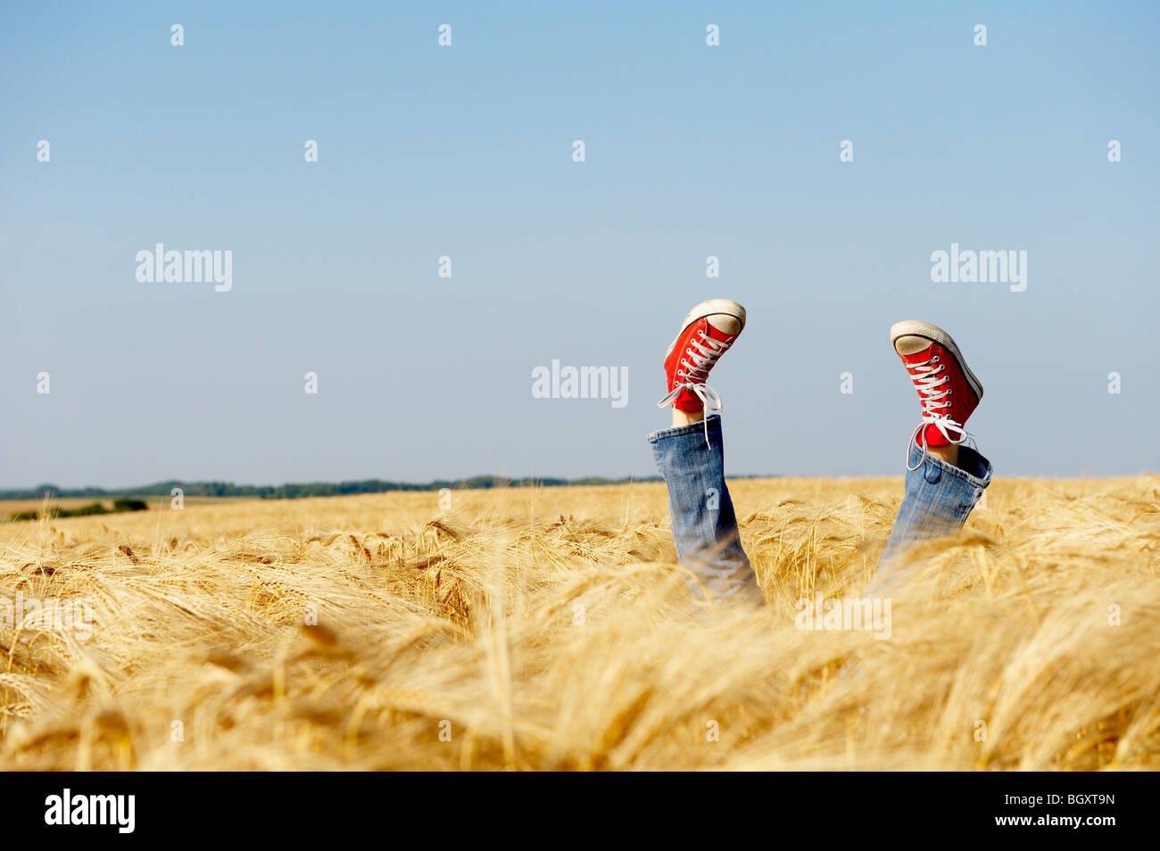 Füße heben sich aus einem Weizenfeld Stockfoto