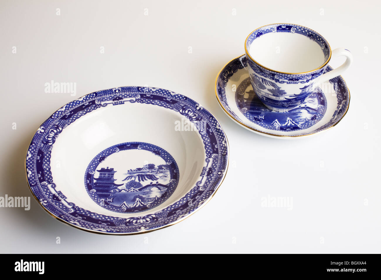 Ein "Blue Willow Pattern" Schüssel und Teetasse. Stockfoto