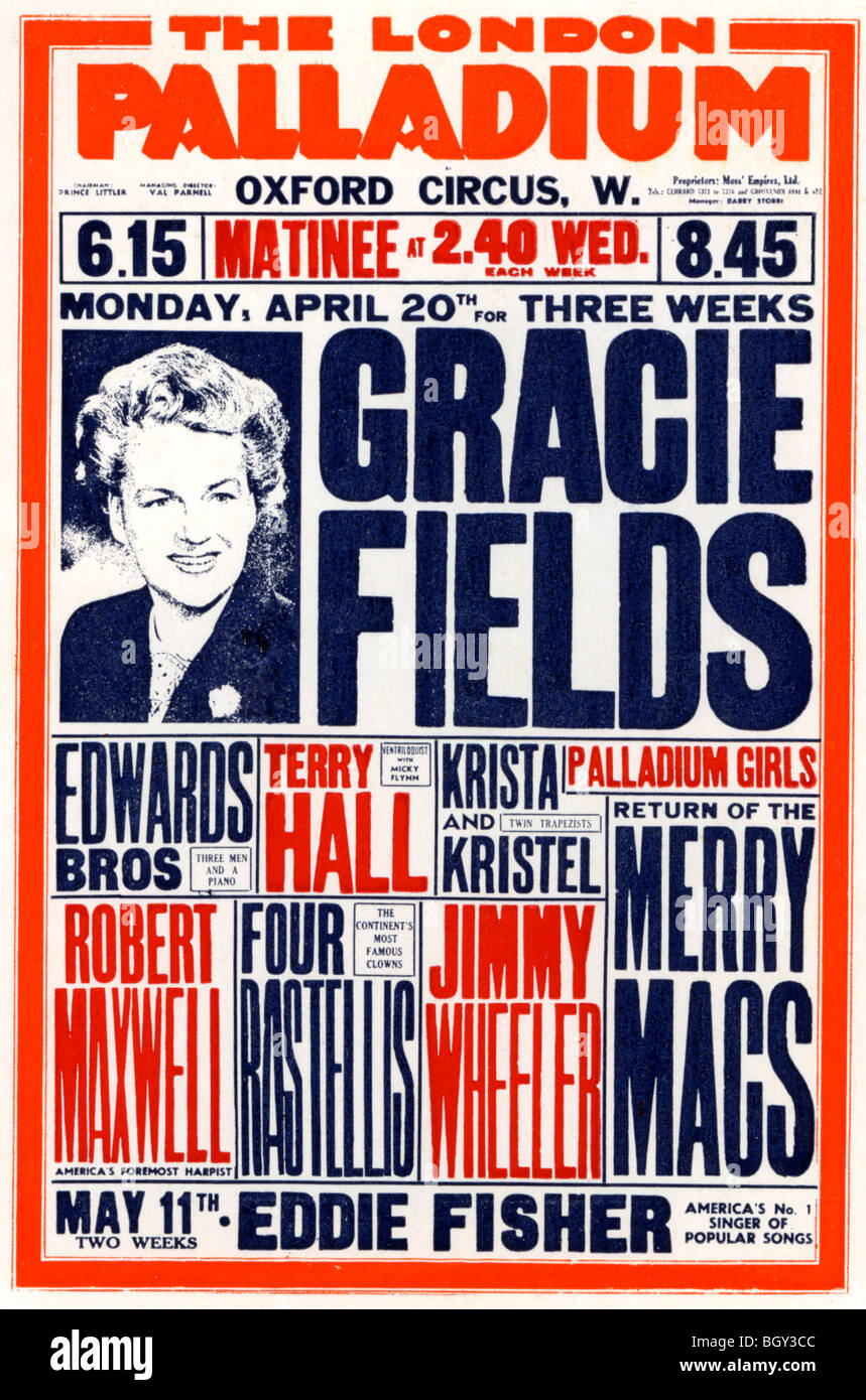 GRACIE FIELDS - UK-Sänger auf einem Plakat für das London Palladium im Jahr 1953 Stockfoto