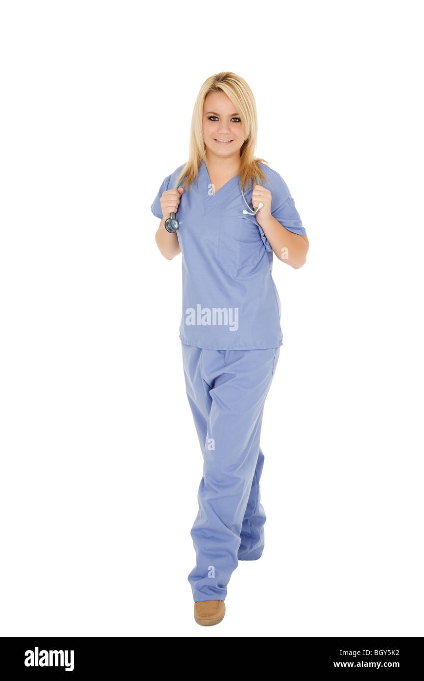 Schöne kaukasischen Arzt / Krankenschwester steht auf weißem Hintergrund Stockfoto