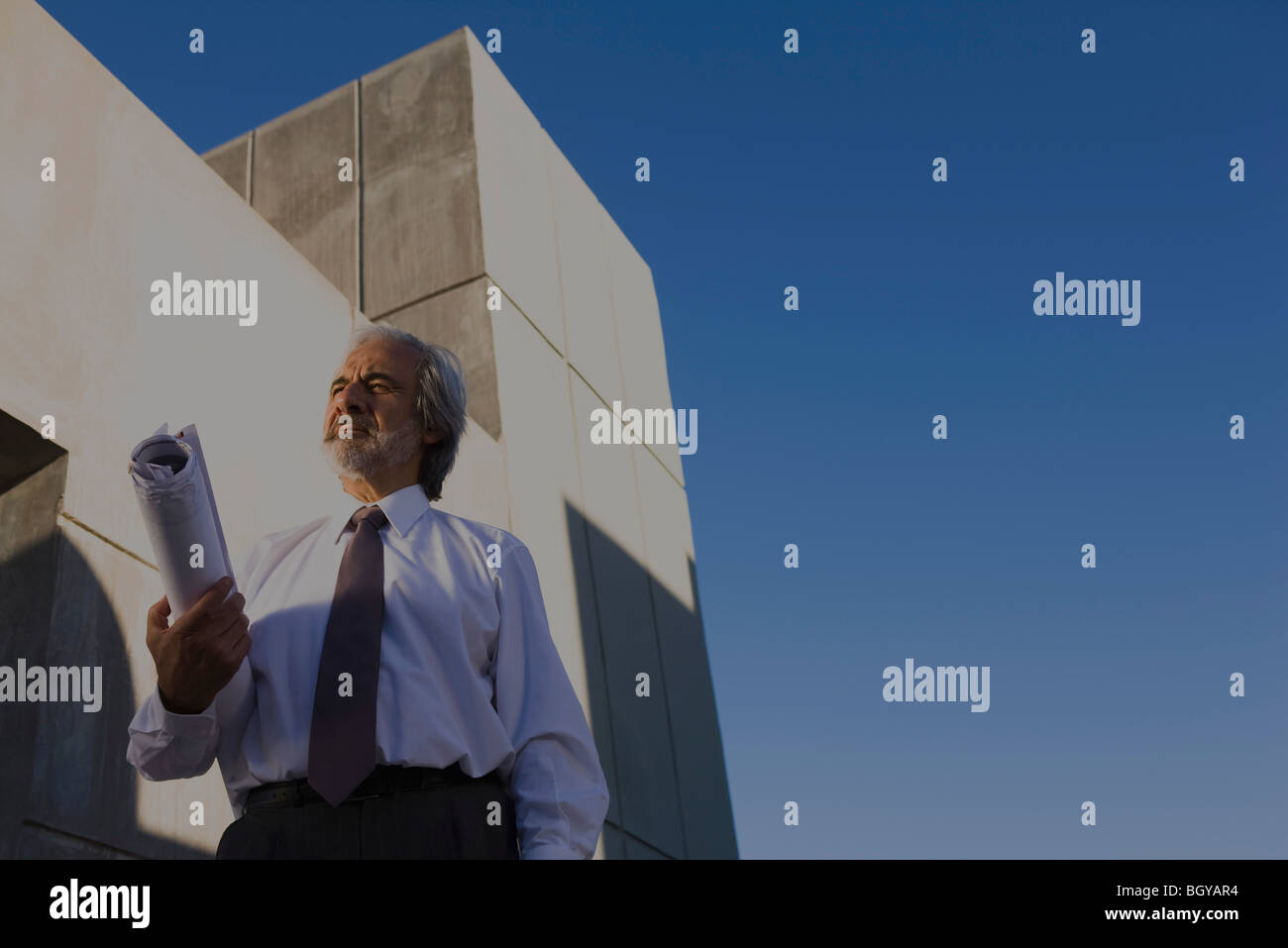 Architekten Sie stehen vor Gebäude mit Blueprint unter Arm, niedrigen Winkel Ansicht Stockfoto