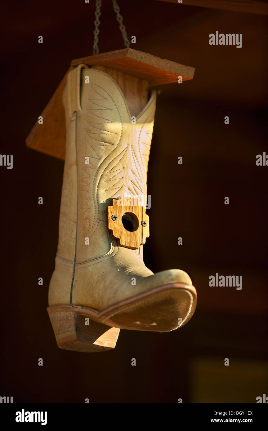 Cowboy-Stiefel-Vogel-Haus Stockfoto