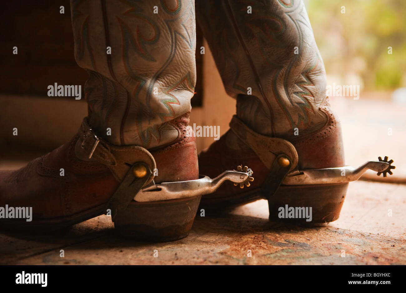 Sporen auf Cowboy-Stiefel Stockfoto