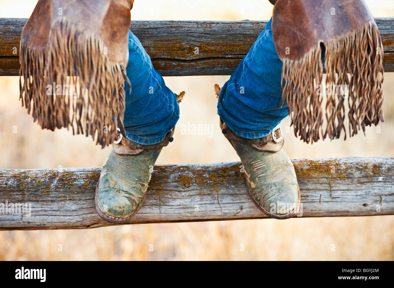 Cowboy-Stiefel auf Zaun Stockfoto