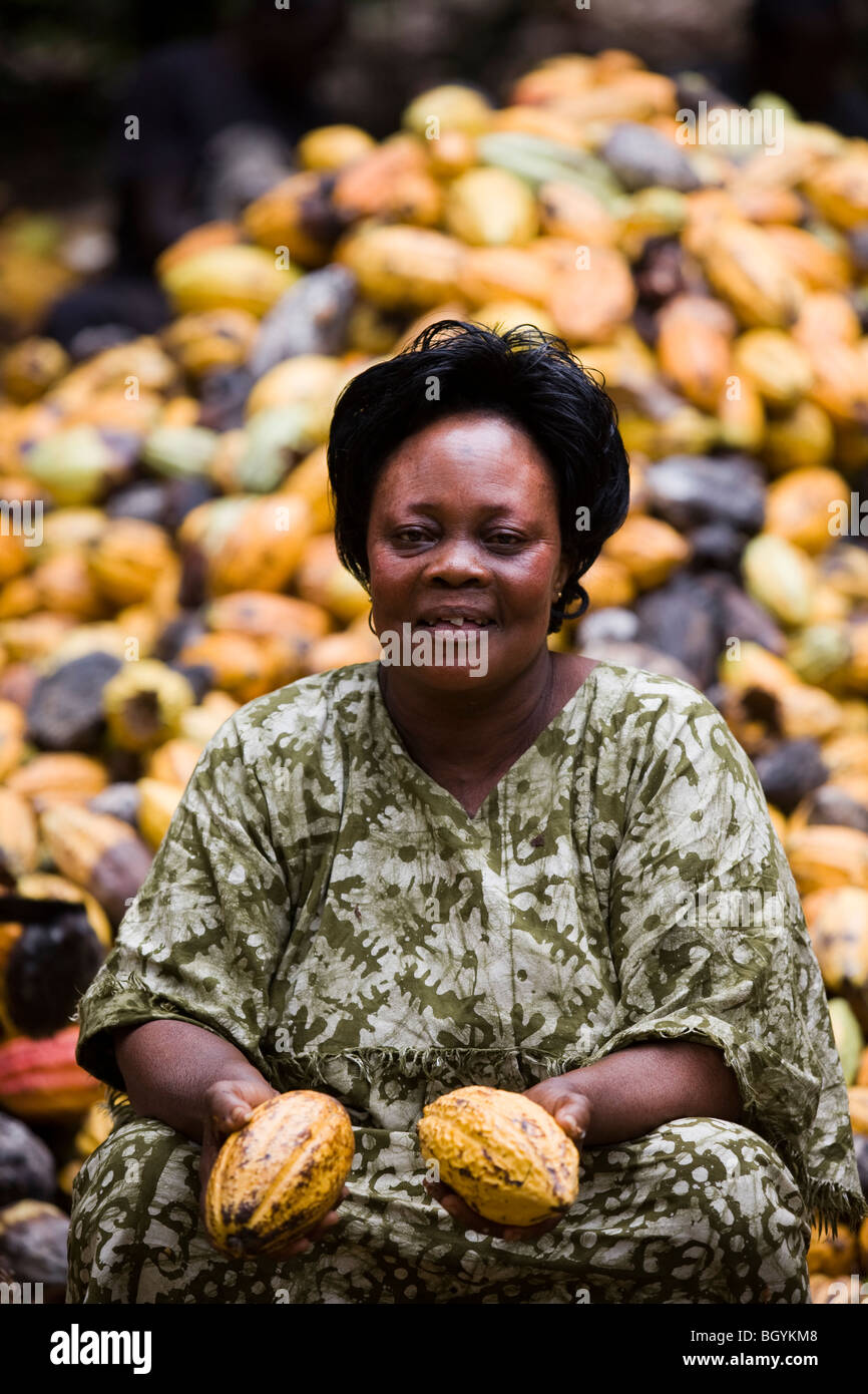Akua Gwamfua, 42, (Präsident der Frauen Kollektiv), Ernte auf ihrem Bauernhof Amankwaatia Dorf, Ghana Stockfoto