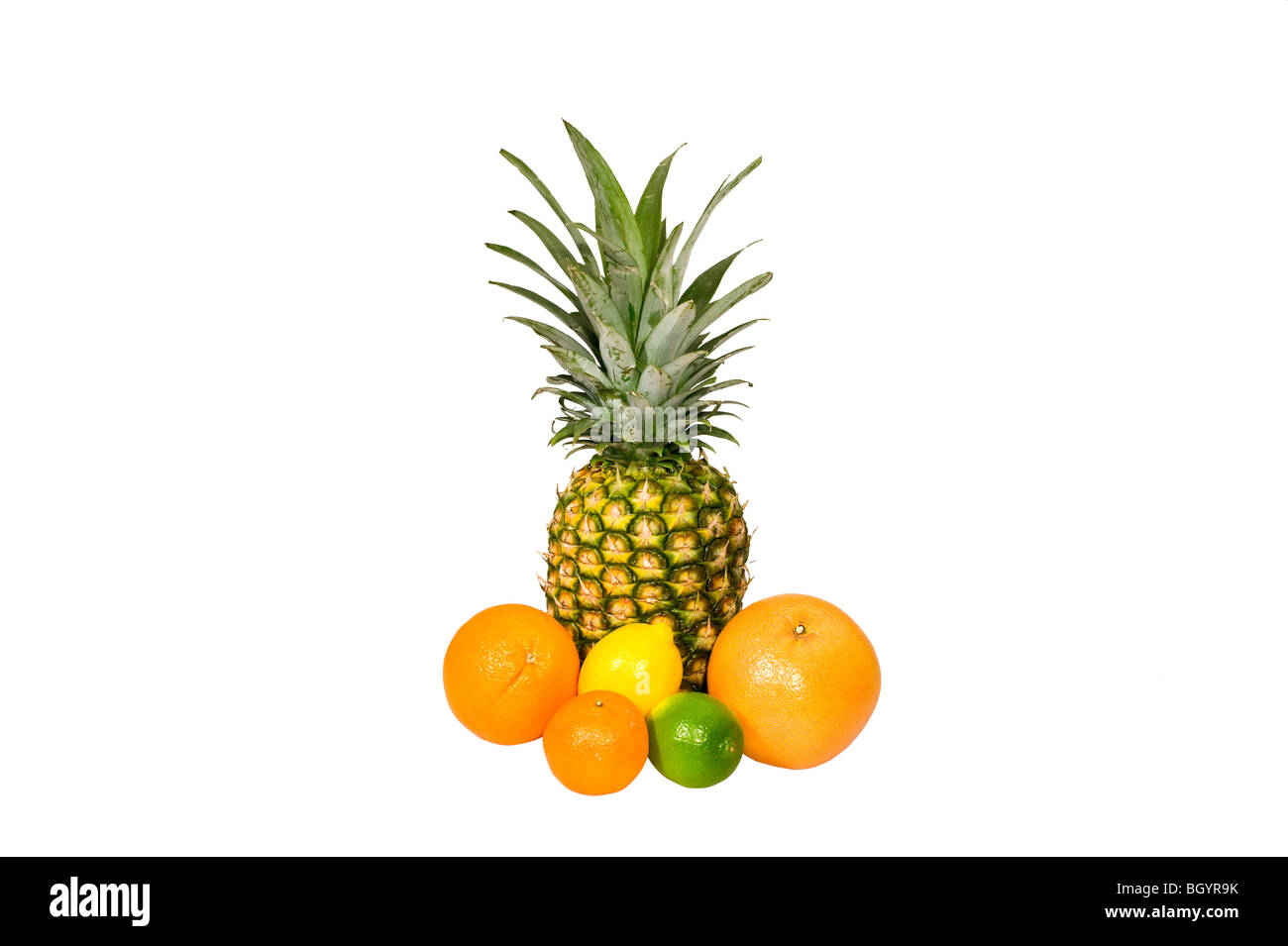 Ananas, Orange, Zitrone, Limette auf weißem Hintergrund Stockfoto