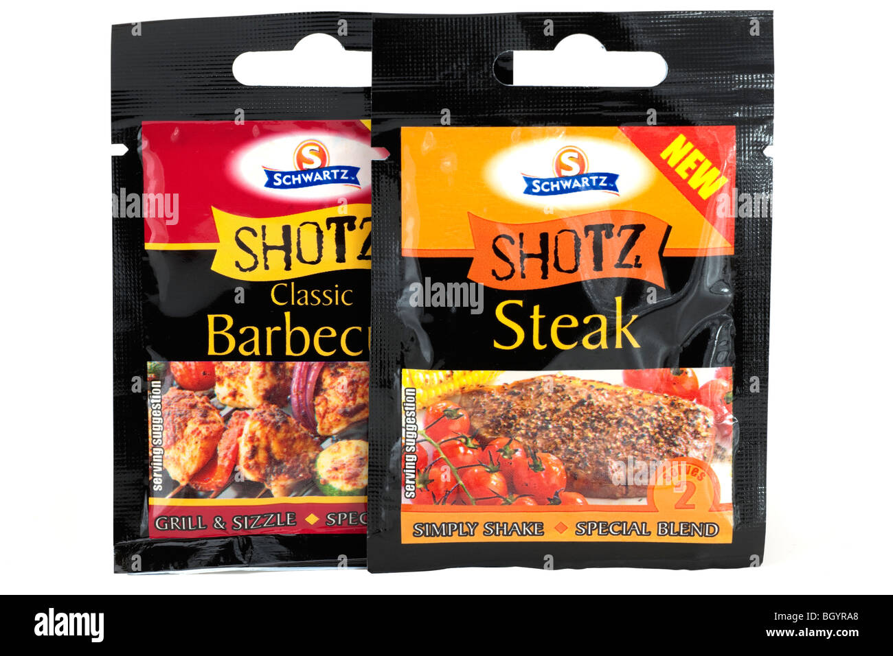 Zwei Pakete von Shotz Schwartz Beutel 2 Portion Grill und "Steak Aromen" Stockfoto