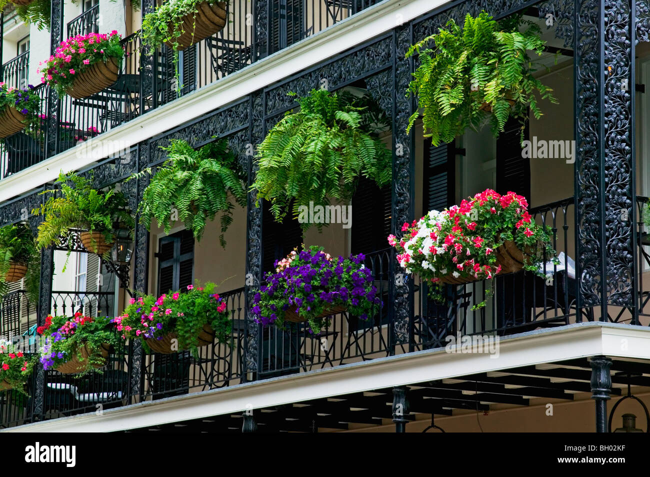 Dekorative Eisen Balkon im Stadtteil French Quarter von New Orleans, Louisiana Stockfoto