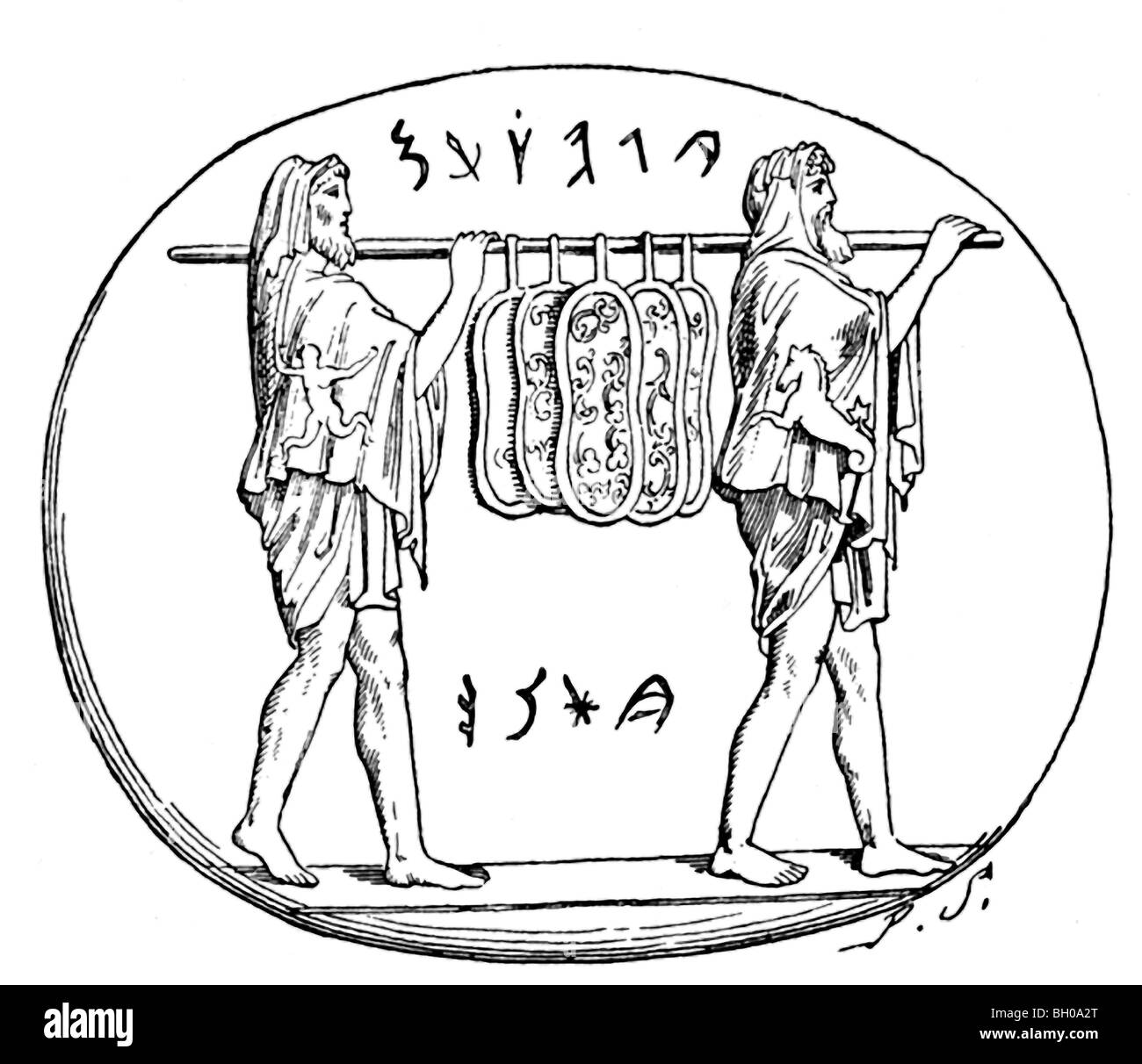 Hier vertreten tragen die Salii, antiken römischen Priester des Mars, Ancilla, die Heilige Schilde, am 1. März. Stockfoto