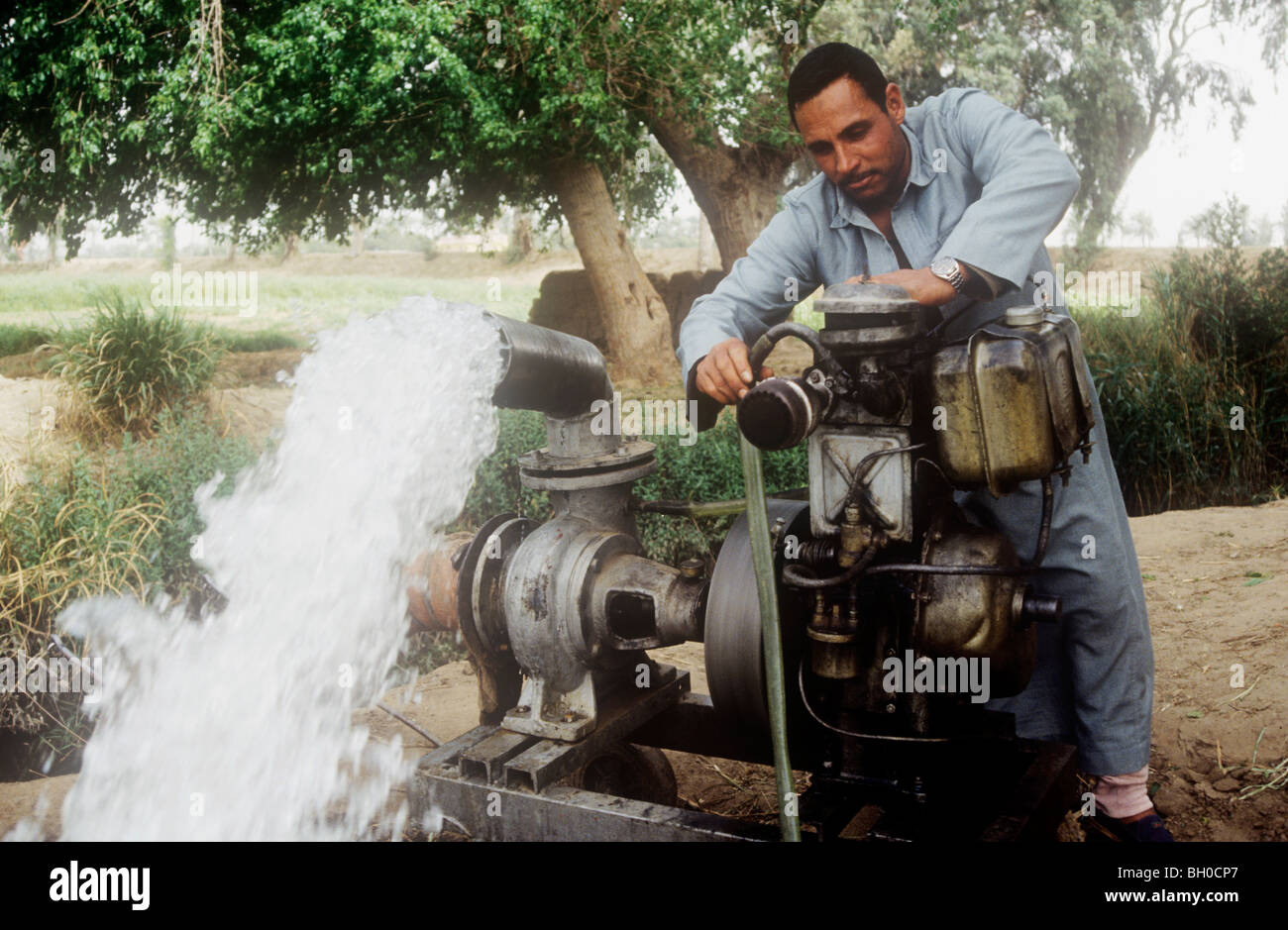 Ein ägyptischer Bauer mit einem Generator zu Pumpwasser aus dem Nil Stockfoto