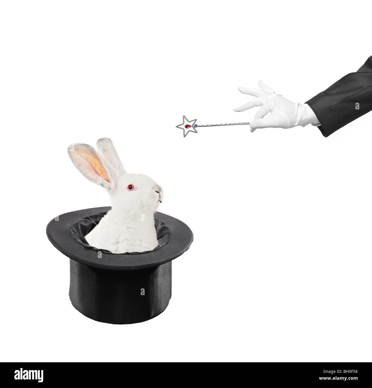 Kaninchen in einen Hut und eine Hand mit einem Zauberstab isoliert auf weißem Hintergrund Stockfoto