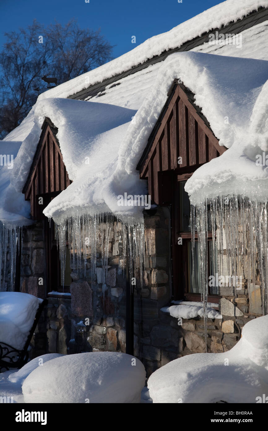 Schottisches Winterwetter im Januar – starker Schneefall unter kalten Gefrierbedingungen in den schottischen Highlands, Braemar, Aberdeenshire, Schottland, Großbritannien Stockfoto
