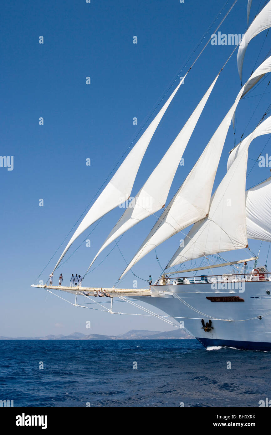 Segelschiff Star Clipper unter vollen Segeln in der Ägäis, Griechenland, Europa Stockfoto