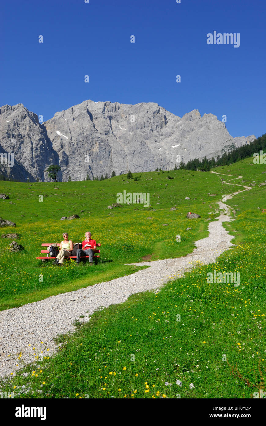 Pfad in Alm führt in Richtung Gebirge mit älteren Ehepaar auf Bank, Eng, Enger Alm, Karwendel-Bereich, Tirol, Aust Stockfoto
