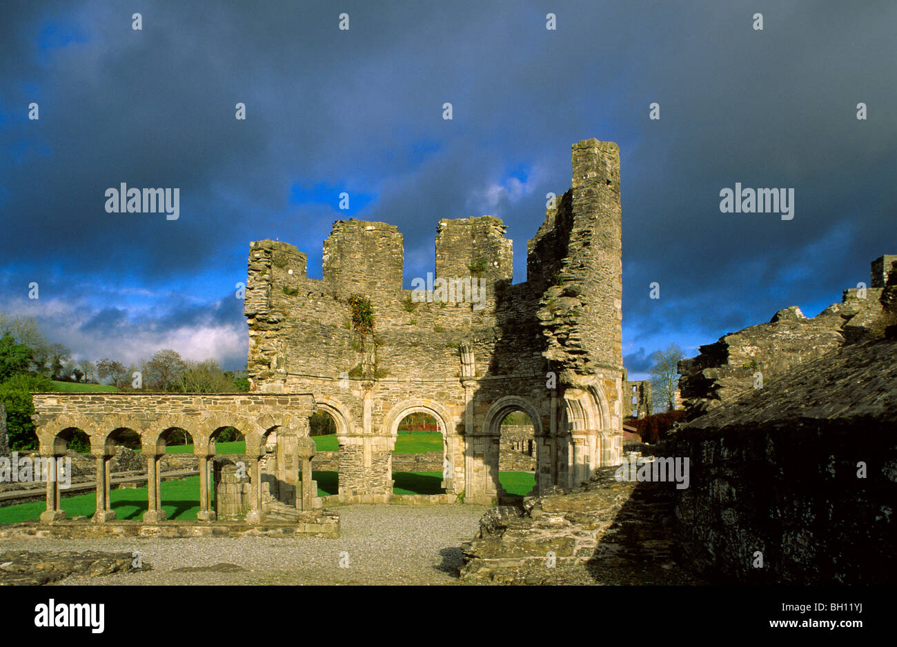 Die Ruinen von Mellifont Abbey unter dunklen Wolken, County Louth, Irland, Europa Stockfoto