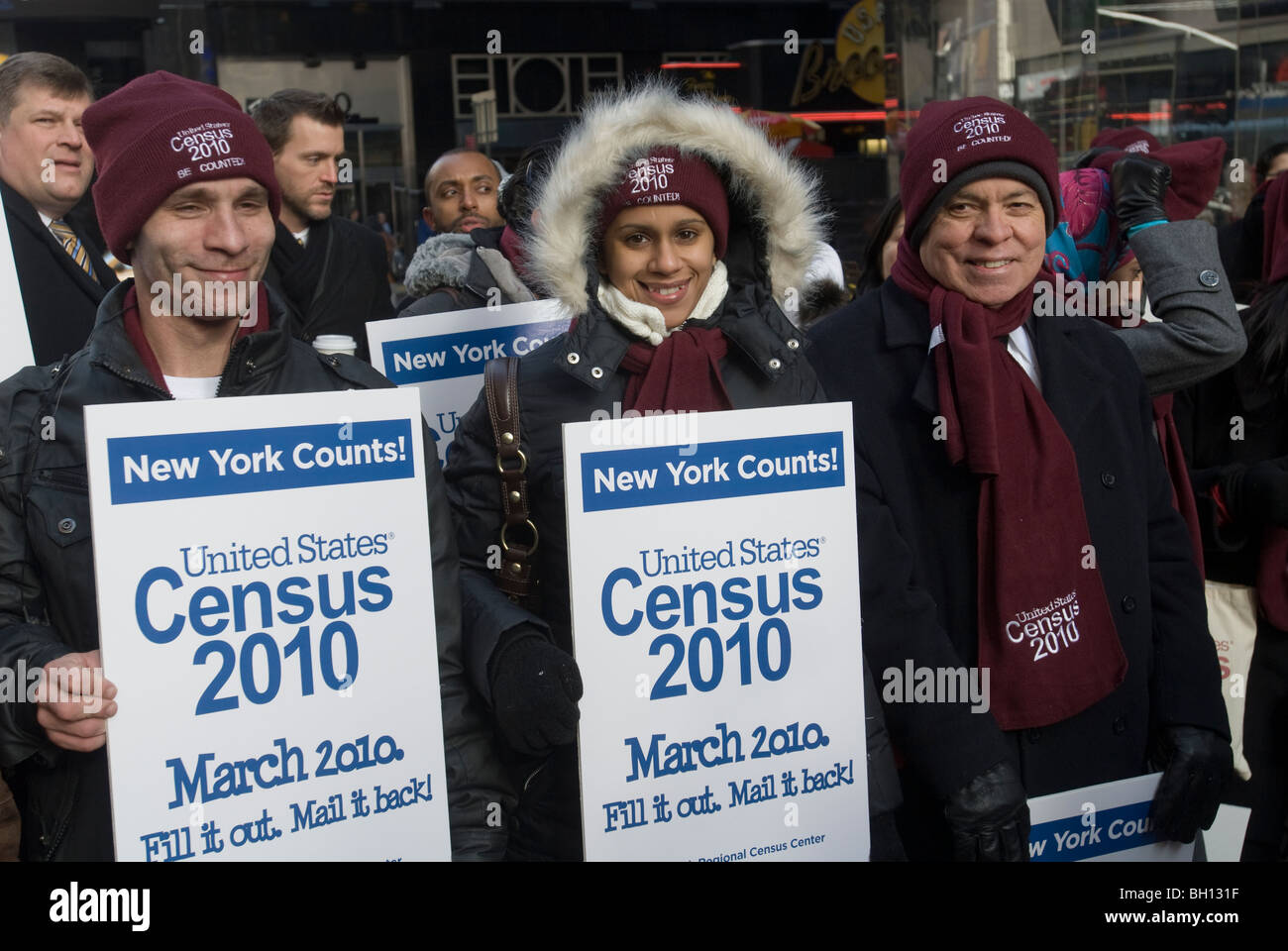 Arbeiter für das US Census Bureau am Times Square in New York kick-off der "Volkszählung Porträt von Amerika Road Tour 2010" Stockfoto