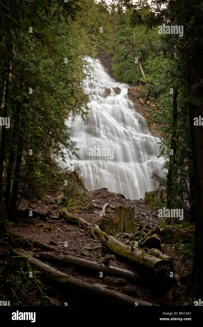 Beautiful Bridal Falls Wasserfall befindet sich in der Nähe von Chilliwack, Britisch-Kolumbien im Fraser Valley. Die Wasserfälle fallen 400 Fuß. Stockfoto