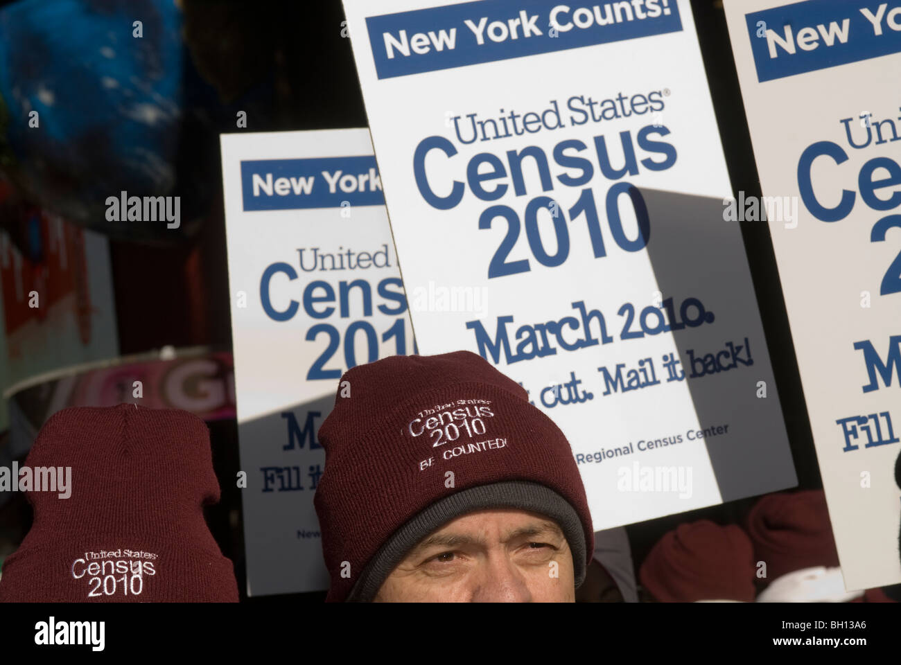 Arbeiter für das US Census Bureau am Times Square in New York kick-off der "Volkszählung Porträt von Amerika Road Tour 2010" Stockfoto