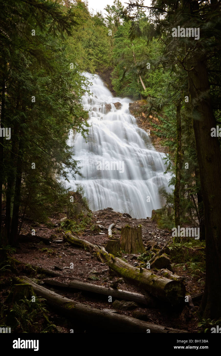Beautiful Bridal Falls Wasserfall befindet sich in der Nähe von Chilliwack, Britisch-Kolumbien im Fraser Valley. Die Wasserfälle fallen 400 Fuß. Stockfoto
