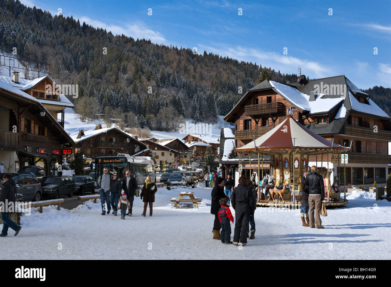 Zentrum des Ferienortes Morzine, Portes du Soleil Ski Region, Haute Savoie, Frankreich Stockfoto