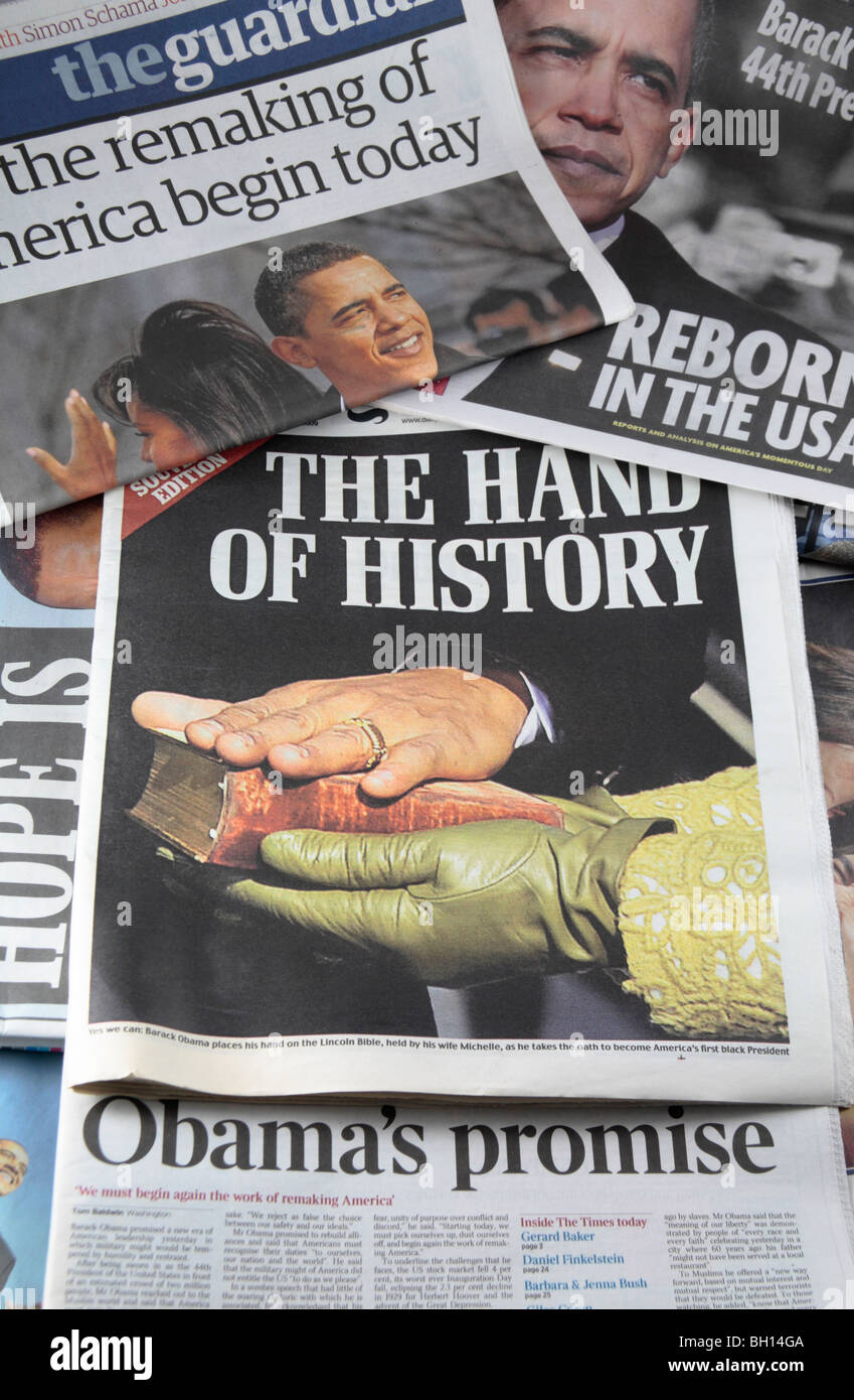 Britische Zeitungen Schlagzeilen von 21. Januar 2009 von der Amtseinführung des 44. Präsidenten Amerikas, Barack Obama. Stockfoto