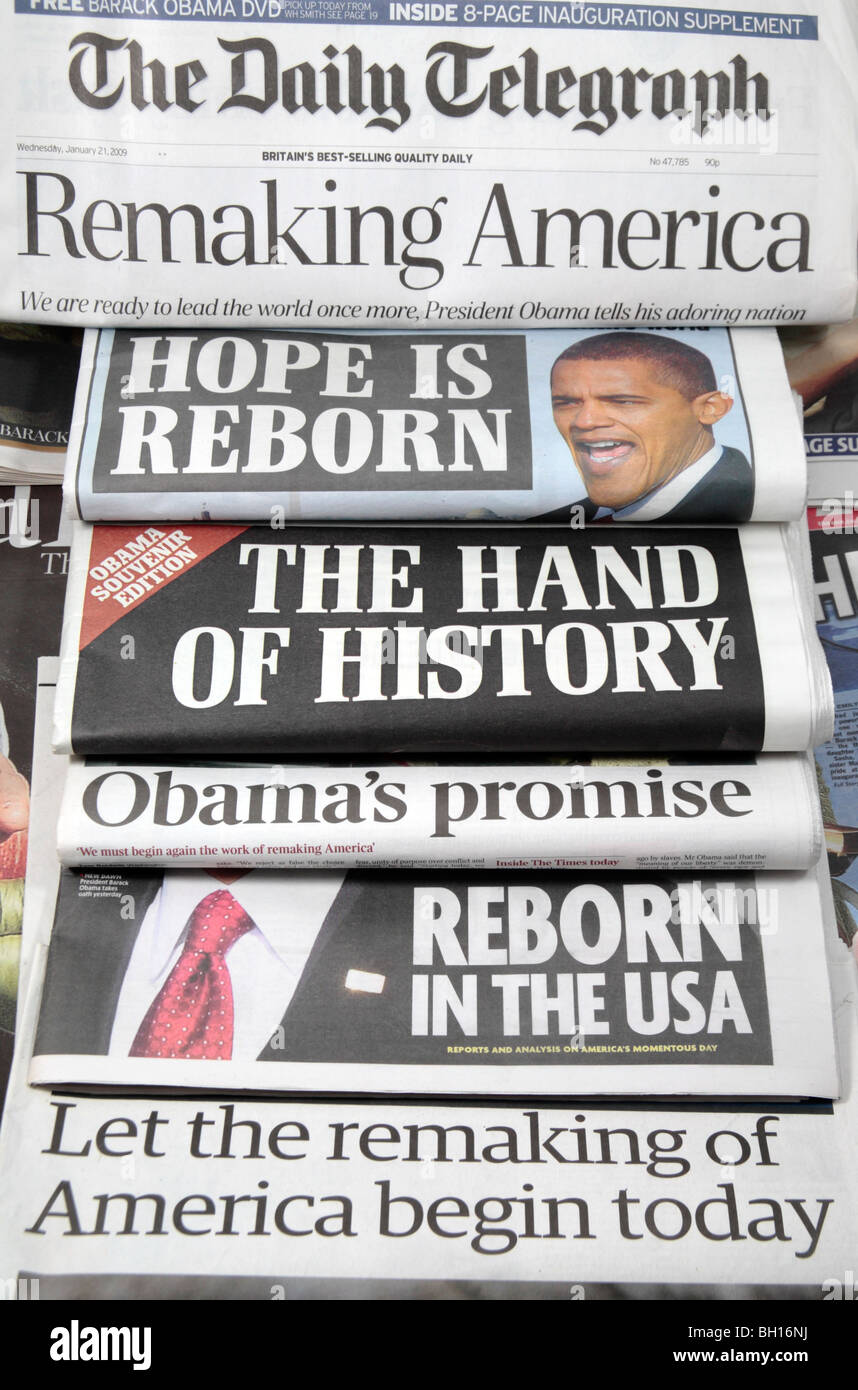 Britische Zeitungen Schlagzeilen von 21. Januar 2009 von der Amtseinführung des 44. Präsidenten Amerikas, Barack Obama. Stockfoto