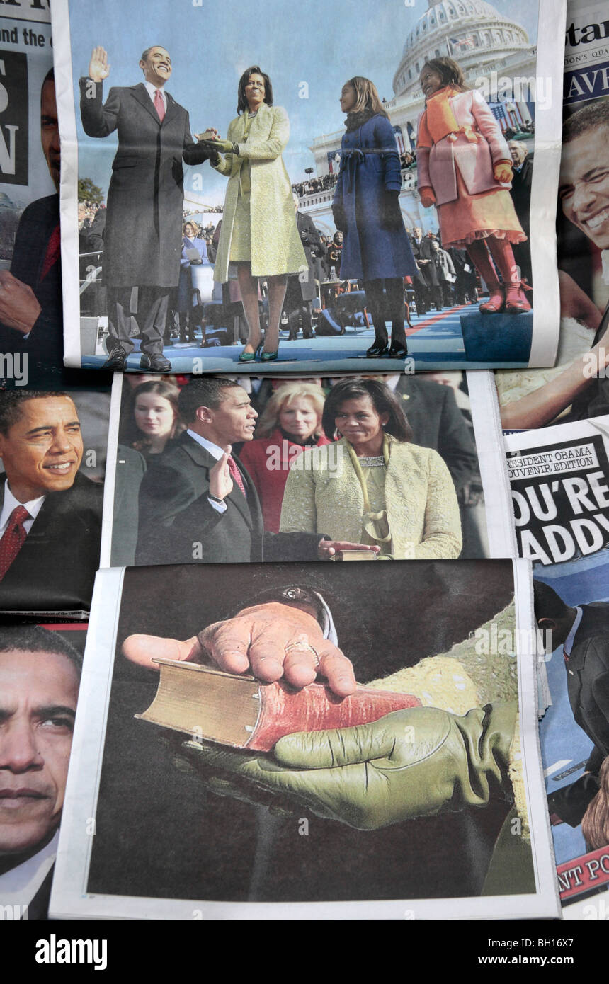 Britische Zeitungen Bilder von 21. Januar 2009 von der Amtseinführung des 44. Präsidenten Amerikas, Barack Obama. Stockfoto