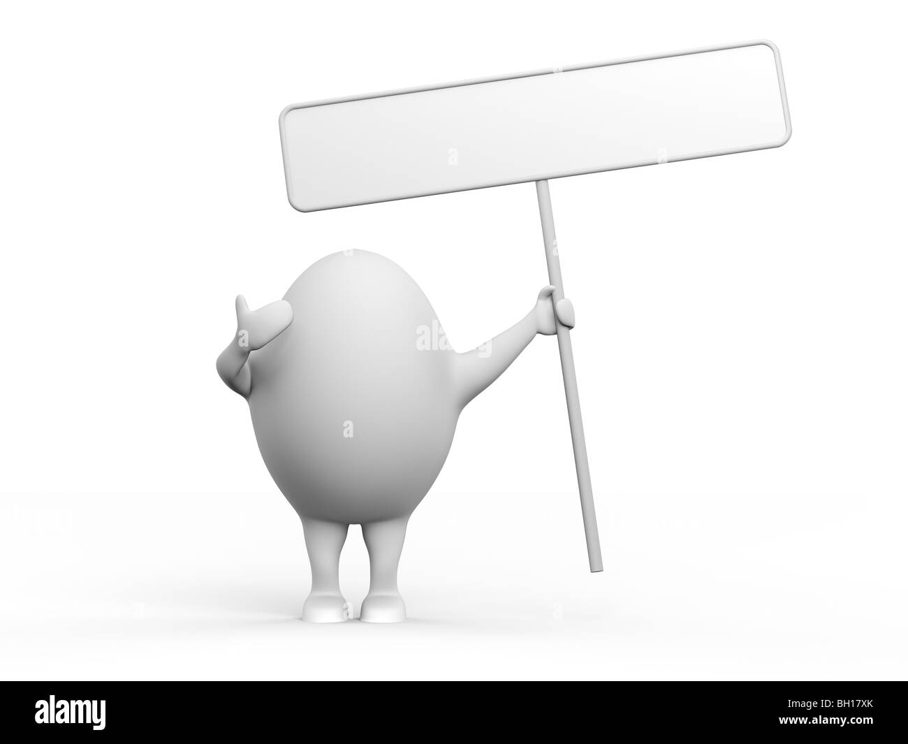 3D Illustration einer Zeichentrickfigur Eierkopf mit einem leeren Schild. Isoliert auf weißem Hintergrund. Stockfoto