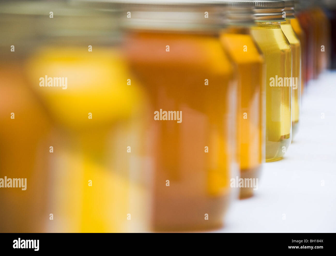 Ungekennzeichnete Gläser klar Honig bei einem Honig zeigen von hell zu dunkel Stockfoto