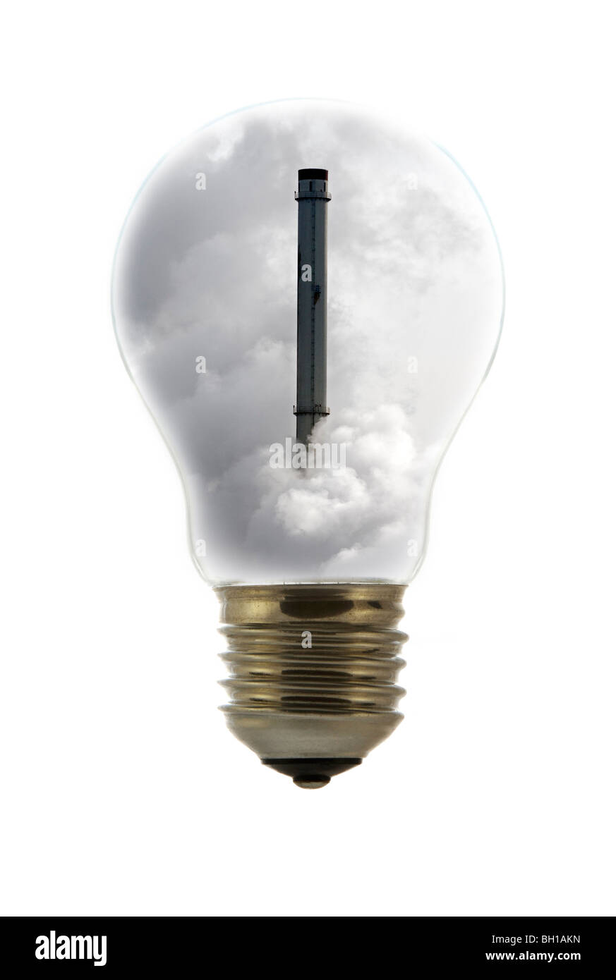 Schornstein abgedeckt in Rauch innen weißglühende Lampe / Birne vor weißem Hintergrund Stockfoto
